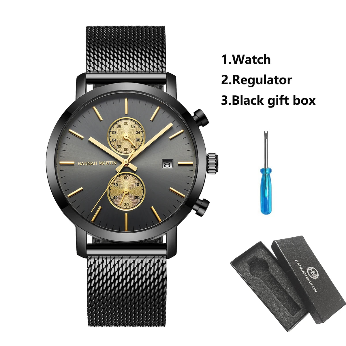 HANNAH MARTIN Brand Men Watch Black Stainless Steel Waterproof Fashion Sports Multifunctional Quartz Wristatch Relogio Masculino