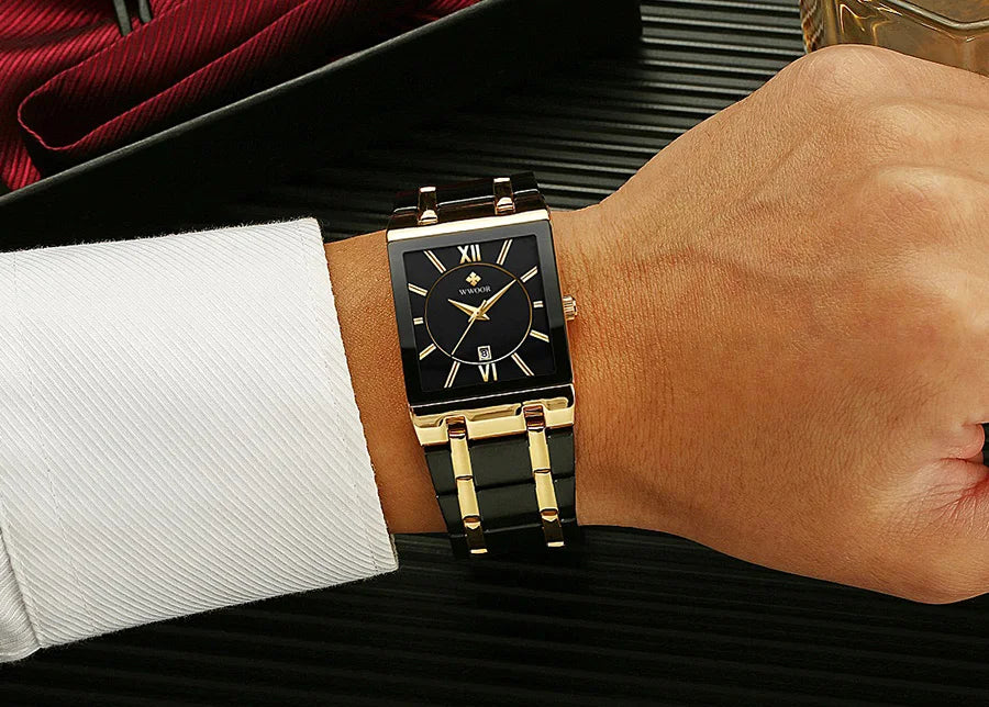 Men's Rectangle Watch – Black Dial & Two-Tone Metal Bracelet