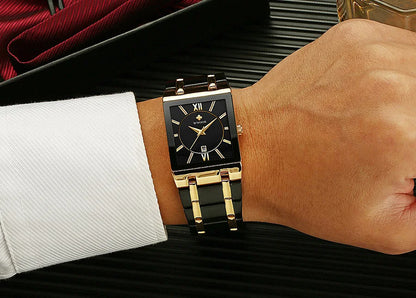 Men's Rectangle Watch – Black Dial & Two-Tone Metal Bracelet