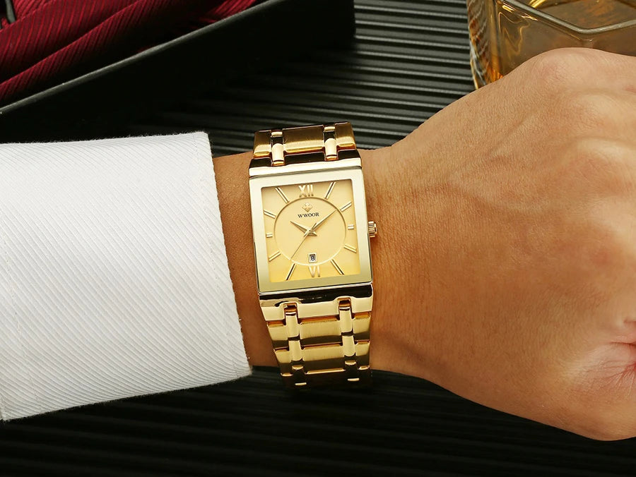 Men's Rectangle Watch – Black Dial & Two-Tone Metal Bracelet