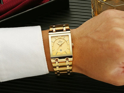 Men's Rectangle Watch – Black Dial & Two-Tone Metal Bracelet