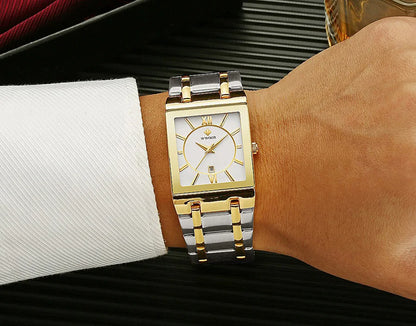 Men's Rectangle Watch – Black Dial & Two-Tone Metal Bracelet