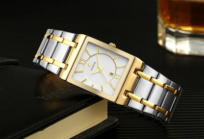 Men's Rectangle Watch – Black Dial & Two-Tone Metal Bracelet