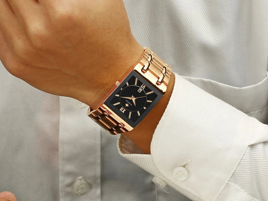Men's Rectangle Watch – Black Dial & Two-Tone Metal Bracelet