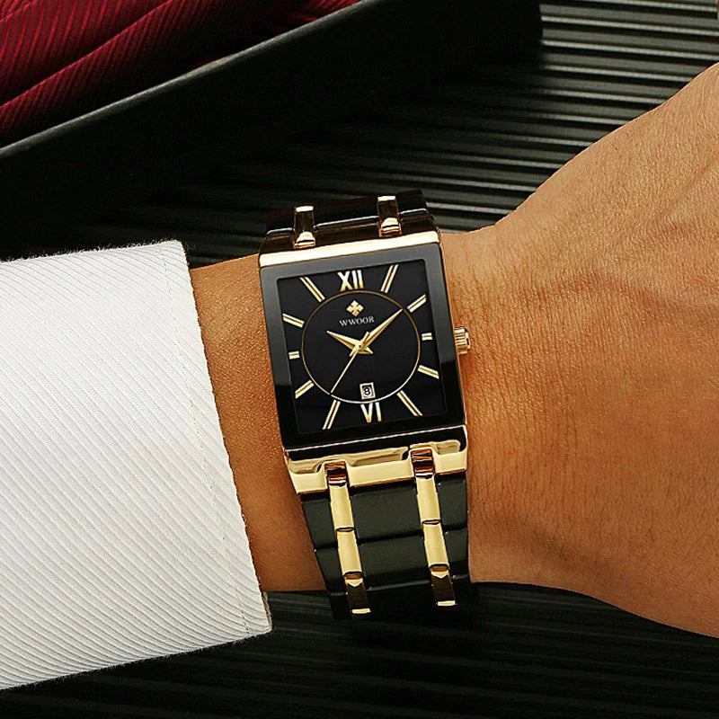 Men's Rectangle Watch – Black Dial & Two-Tone Metal Bracelet