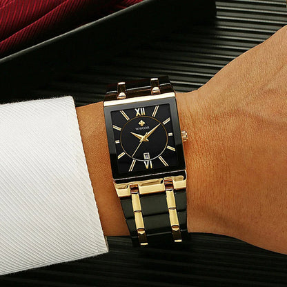 Men's Rectangle Watch – Black Dial & Two-Tone Metal Bracelet