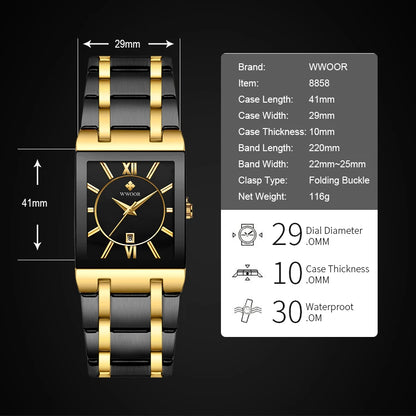 Men's Rectangle Watch – Black Dial & Two-Tone Metal Bracelet