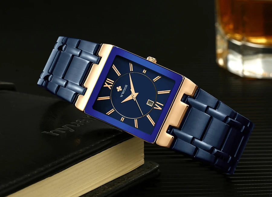 Men's Rectangle Watch – Black Dial & Two-Tone Metal Bracelet