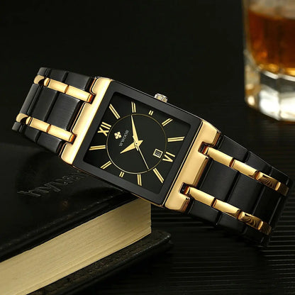 Men's Rectangle Watch – Black Dial & Two-Tone Metal Bracelet