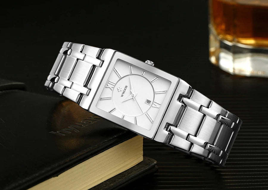 Men's Rectangle Watch – Black Dial & Two-Tone Metal Bracelet