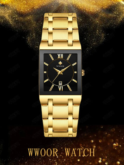Men's Rectangle Watch – Black Dial & Two-Tone Metal Bracelet