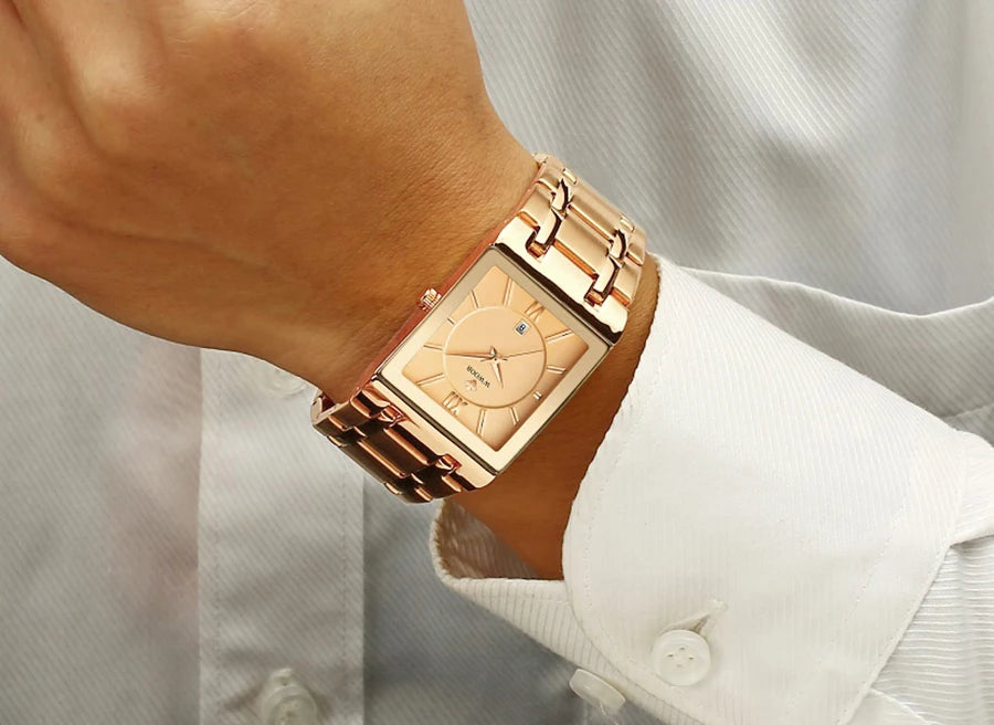 Men's Rectangle Watch – Black Dial & Two-Tone Metal Bracelet