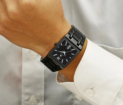 Men's Rectangle Watch – Black Dial & Two-Tone Metal Bracelet