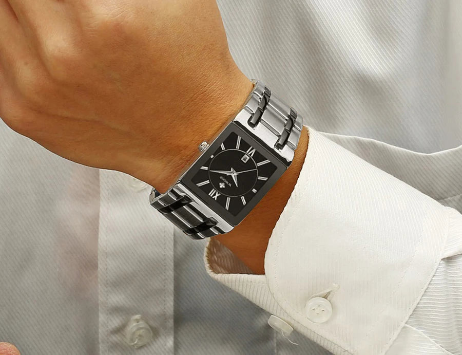 Men's Rectangle Watch – Black Dial & Two-Tone Metal Bracelet