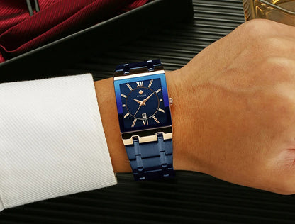 Men's Rectangle Watch – Black Dial & Two-Tone Metal Bracelet