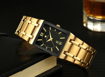 Men's Rectangle Watch – Black Dial & Two-Tone Metal Bracelet