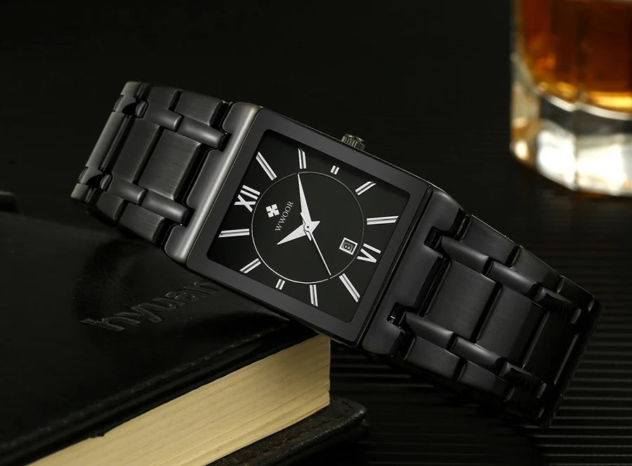 Men's Rectangle Watch – Black Dial & Two-Tone Metal Bracelet