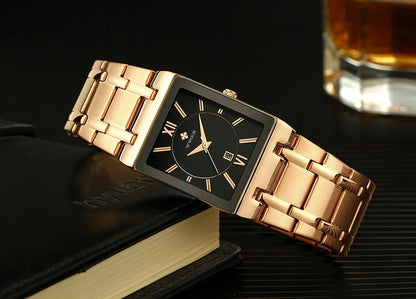 Men's Rectangle Watch – Black Dial & Two-Tone Metal Bracelet