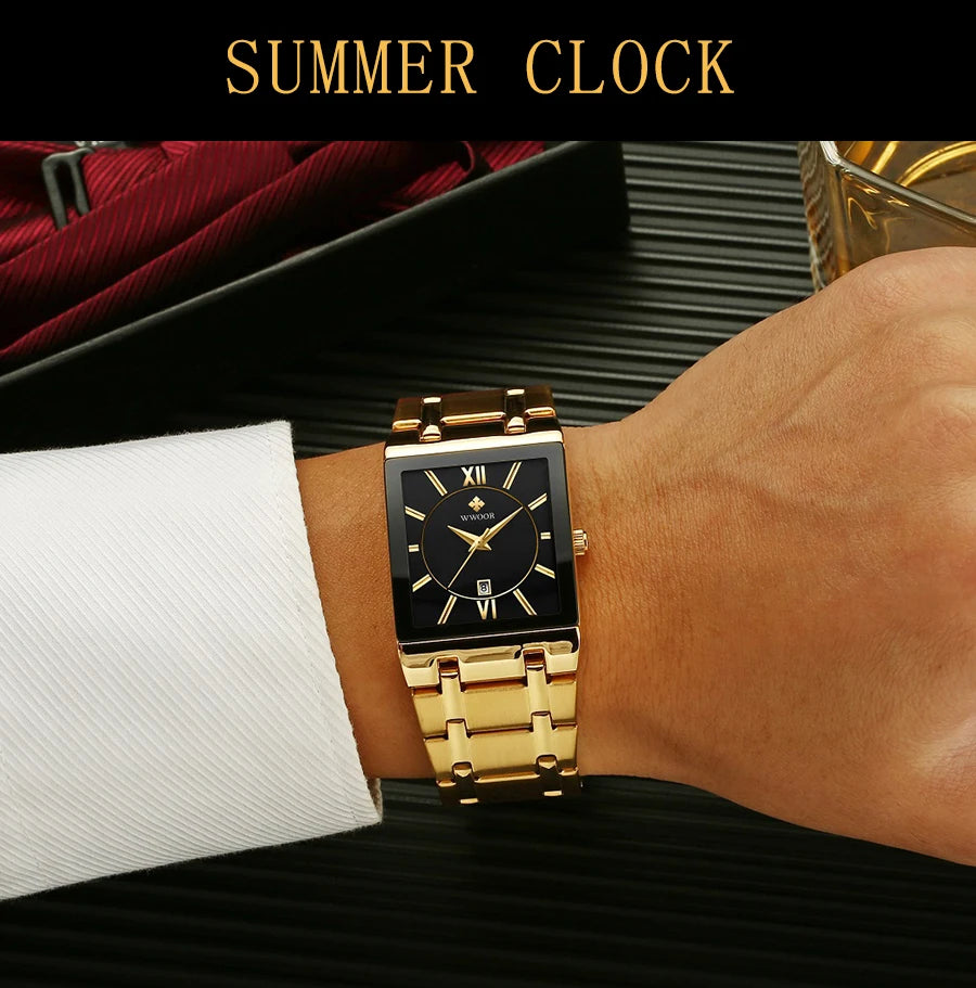 Men's Rectangle Watch – Black Dial & Two-Tone Metal Bracelet