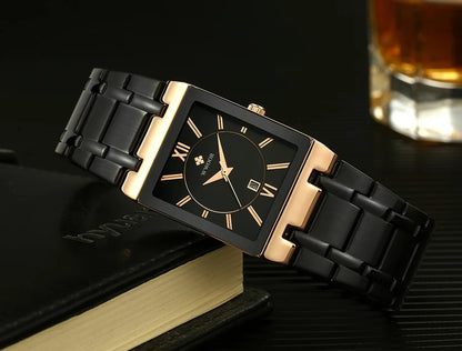 Men's Rectangle Watch – Black Dial & Two-Tone Metal Bracelet