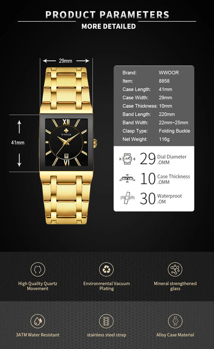 Men's Rectangle Watch – Black Dial & Two-Tone Metal Bracelet