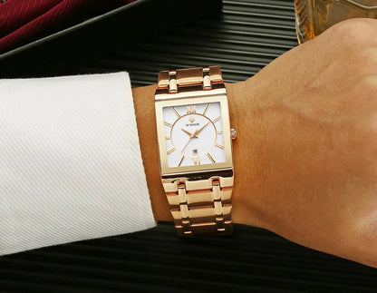 Men's Rectangle Watch – Black Dial & Two-Tone Metal Bracelet