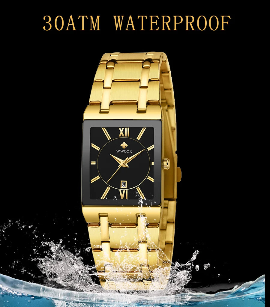 Men's Rectangle Watch – Black Dial & Two-Tone Metal Bracelet