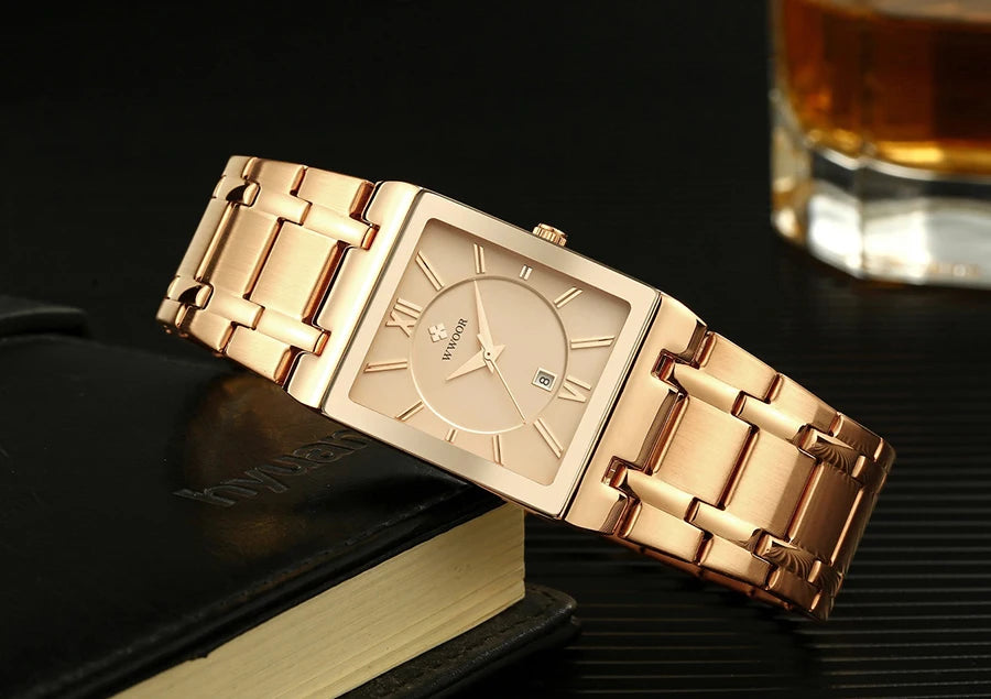 Men's Rectangle Watch – Black Dial & Two-Tone Metal Bracelet