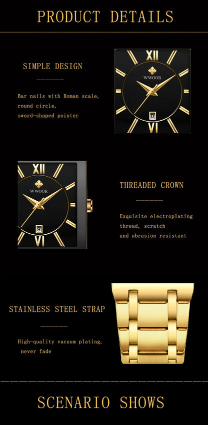 Men's Rectangle Watch – Black Dial & Two-Tone Metal Bracelet