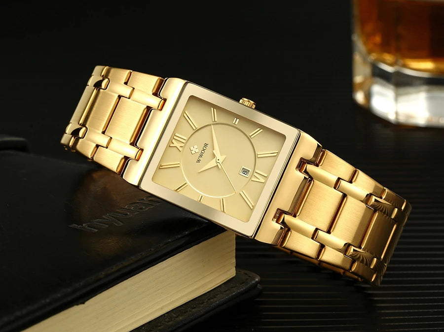 Men's Rectangle Watch – Black Dial & Two-Tone Metal Bracelet