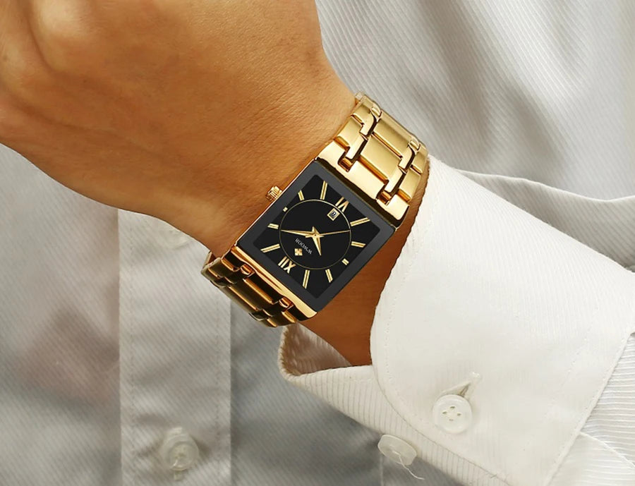 Men's Rectangle Watch – Black Dial & Two-Tone Metal Bracelet