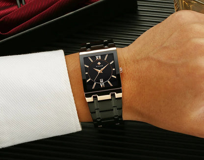 Men's Rectangle Watch – Black Dial & Two-Tone Metal Bracelet