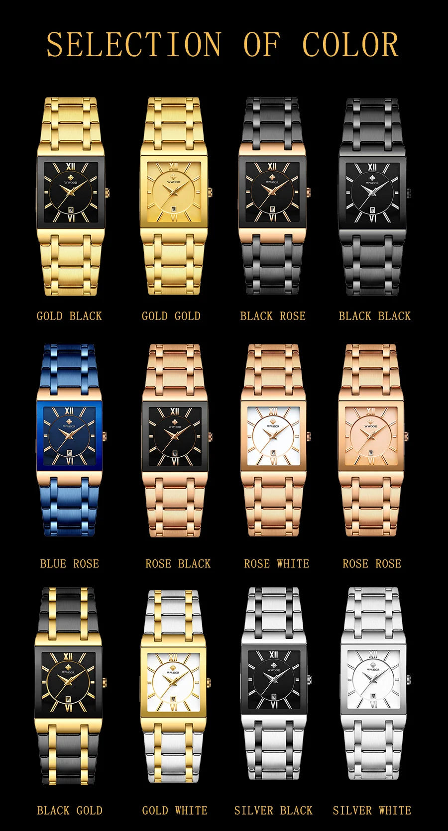 Men's Rectangle Watch – Black Dial & Two-Tone Metal Bracelet