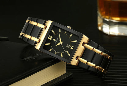 Men's Rectangle Watch – Black Dial & Two-Tone Metal Bracelet