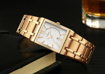Men's Rectangle Watch – Black Dial & Two-Tone Metal Bracelet