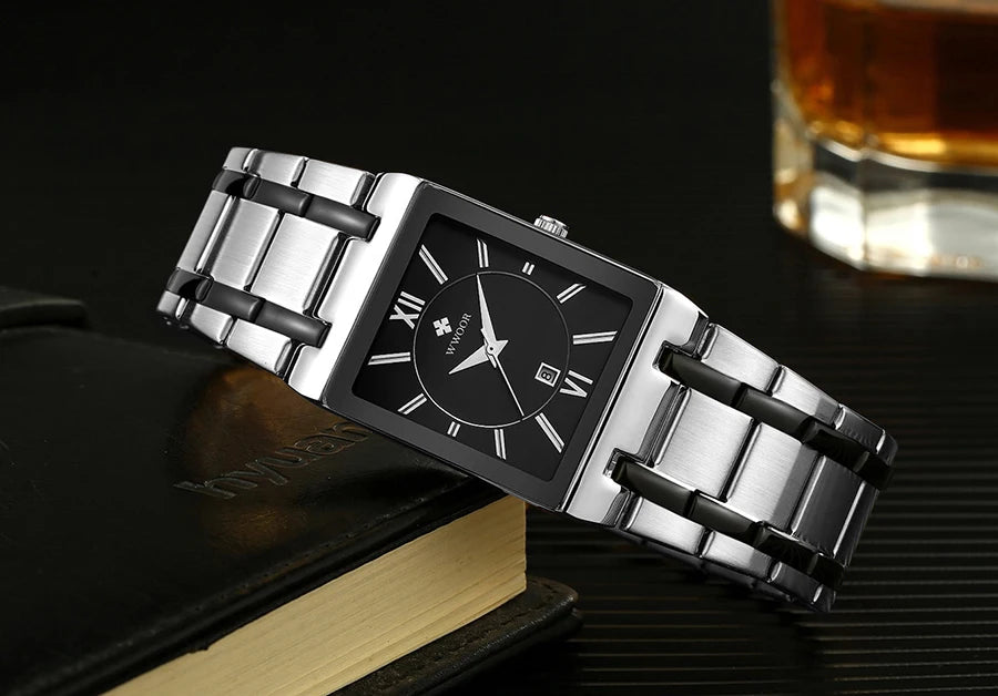 Men's Rectangle Watch – Black Dial & Two-Tone Metal Bracelet