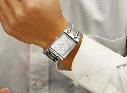 Men's Rectangle Watch – Black Dial & Two-Tone Metal Bracelet