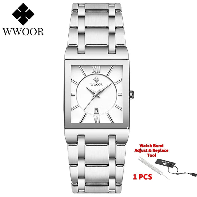 Men's Rectangle Watch – Black Dial & Two-Tone Metal Bracelet
