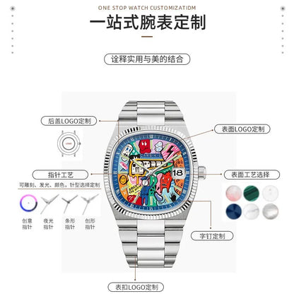 Personalized Cartoon Animation Quartz Men Watch Creative Oil Painting Dial Top Casual Steel Top Men Watch AAA Male Clock Relogio