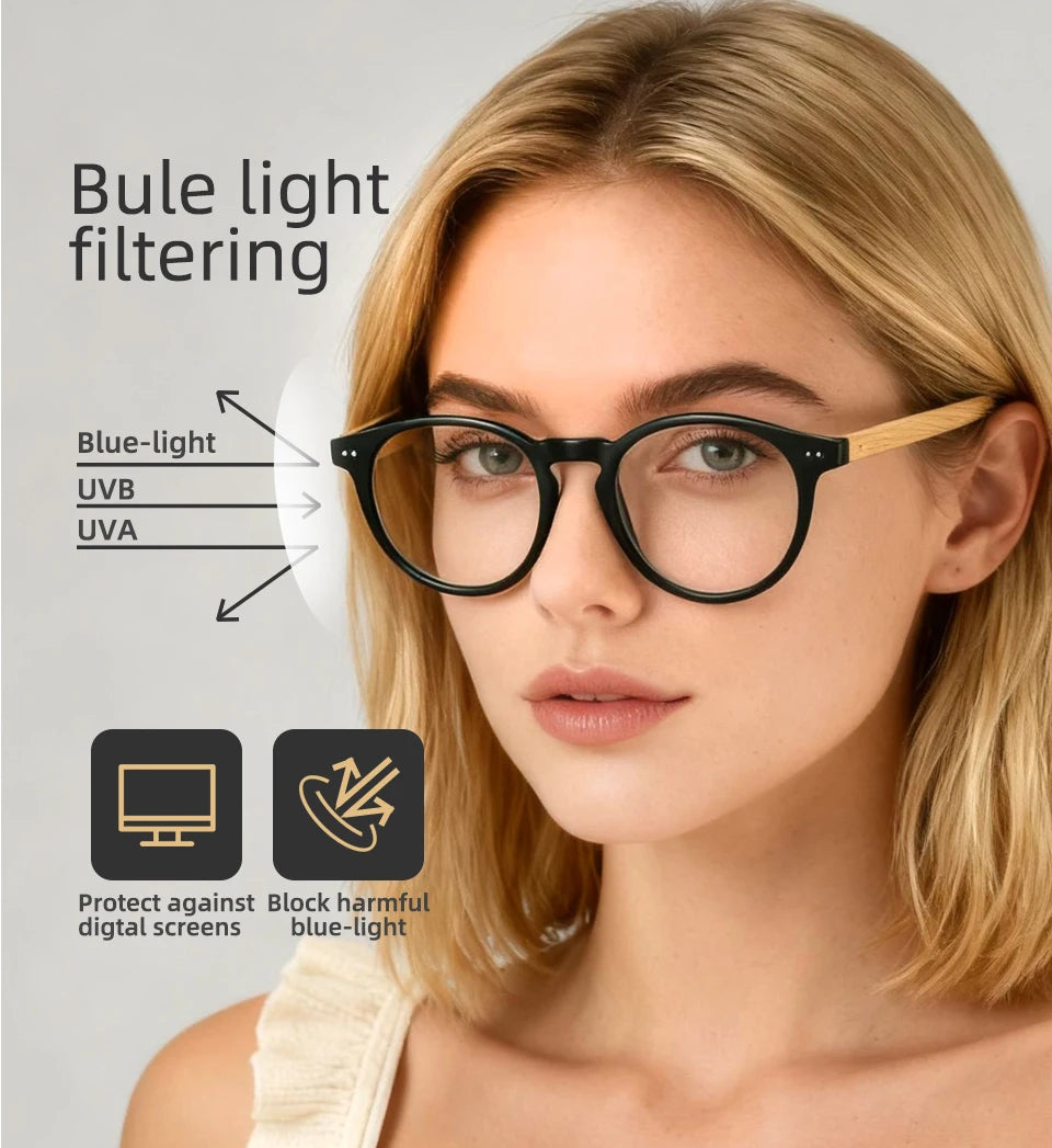 Bamboo Wood Reading Glasses for Men and Women Retro Round Anti Blue Light Presbyopia Glasses 0 +100 +150 +250