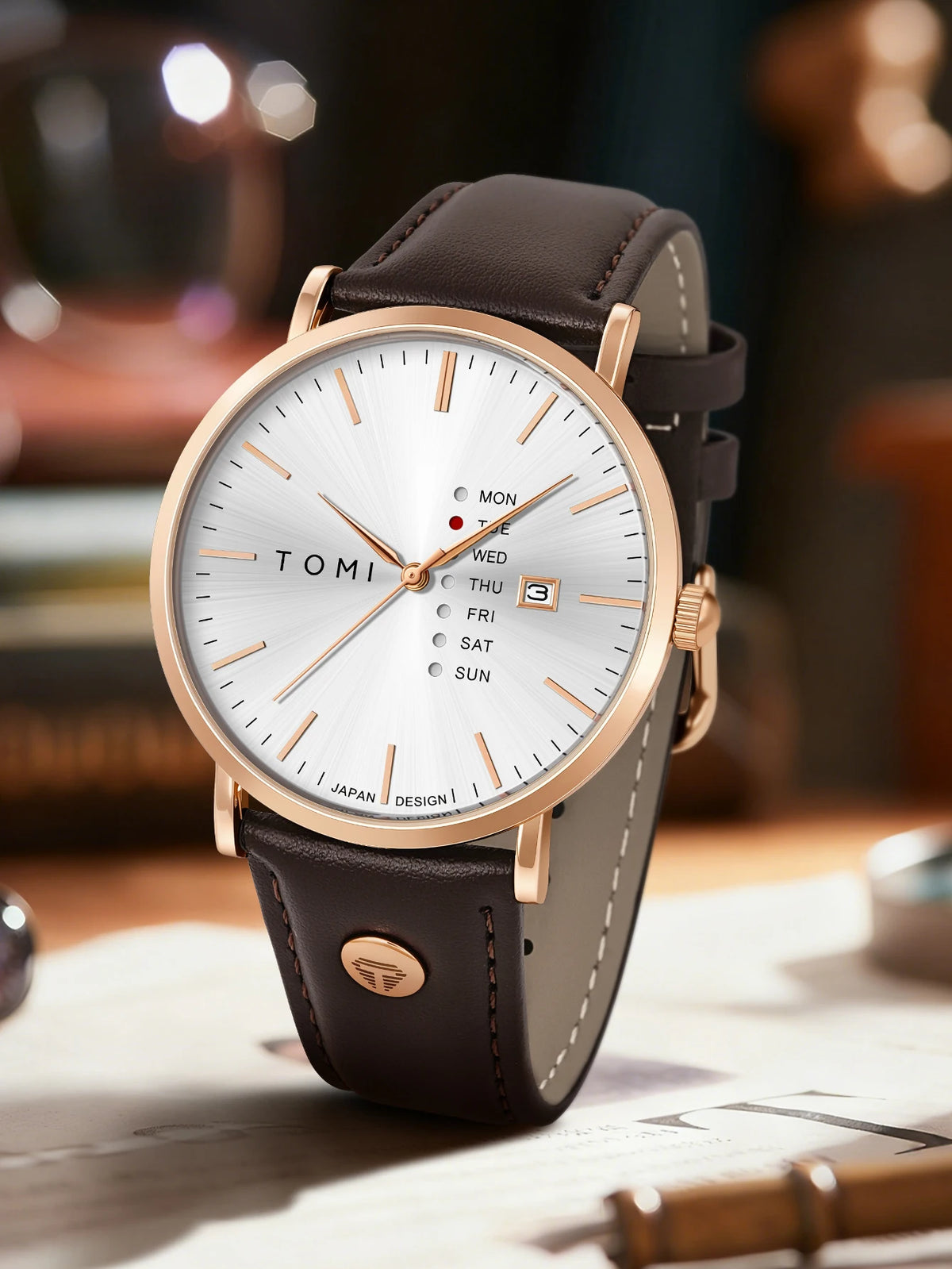TOMI Trendy Men's Watch Quartz Texture Business Watch with Leather Strap and Weekday Calendar