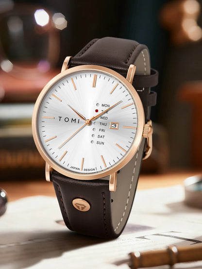 TOMI Trendy Men's Watch Quartz Texture Business Watch with Leather Strap and Weekday Calendar