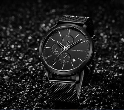 HANNAH MARTIN Brand Men Watch Black Stainless Steel Waterproof Fashion Sports Multifunctional Quartz Wristatch Relogio Masculino