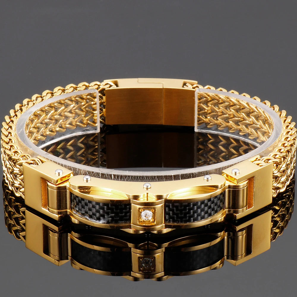 Luxury Bracelet for Men Gold Color 12MM Wide Stainless Steel Square Franco Link Chain Men's Wrist Bracelets With Magnet Clasp