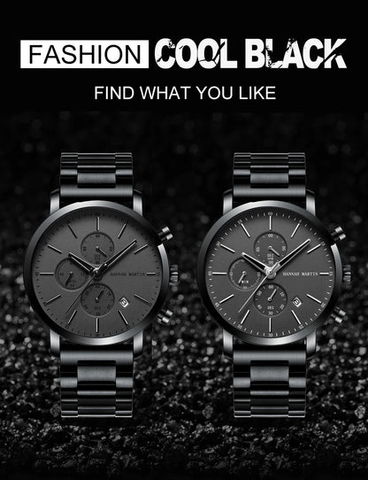 HANNAH MARTIN Brand Men Watch Black Stainless Steel Waterproof Fashion Sports Multifunctional Quartz Wristatch Relogio Masculino