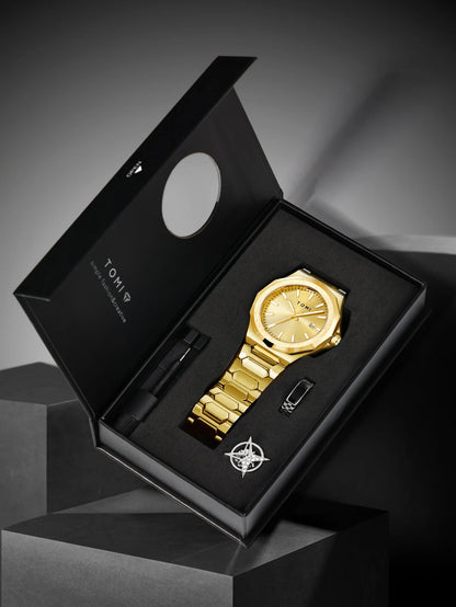 TOMI Luxury Business Men's Watch Gift Box Set High Quality Rose Gold Case Simple and Versatile Quartz Watch Relogio Masculino