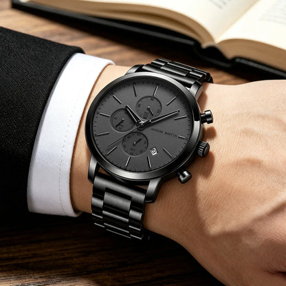 HANNAH MARTIN Brand Men Watch Black Stainless Steel Waterproof Fashion Sports Multifunctional Quartz Wristatch Relogio Masculino