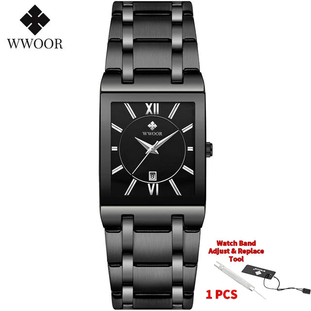 Men's Rectangle Watch – Black Dial & Two-Tone Metal Bracelet