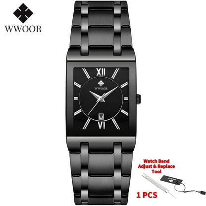 Men's Rectangle Watch – Black Dial & Two-Tone Metal Bracelet