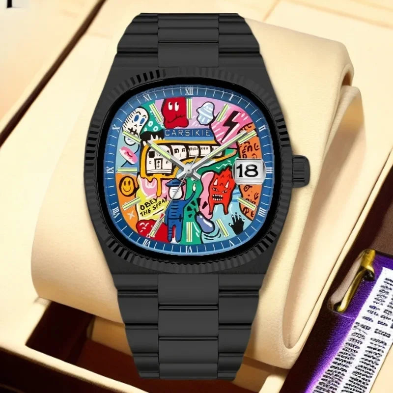 Personalized Cartoon Animation Quartz Men Watch Creative Oil Painting Dial Top Casual Steel Top Men Watch AAA Male Clock Relogio